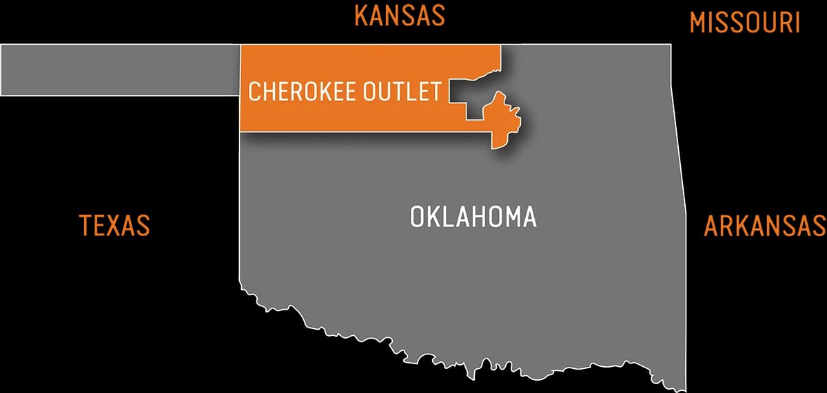 Map of the Cherokee Outlet, showing the land run area in Oklahoma.